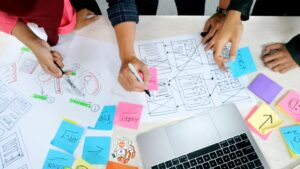 Team bespreekt strategie met wireframes, post-its en schetsen voor LinkedIn leadgeneratie.