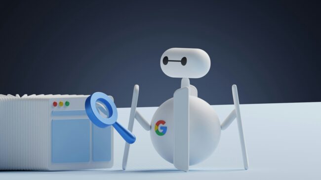 Google search Illustratie van een Google-robot die websites scant met een vergrootglas, passend bij optimalisatie strategie