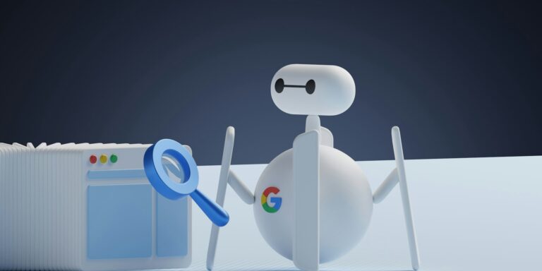Illustratie van een Google-robot die websites scant met een vergrootglas, passend bij optimalisatie strategie