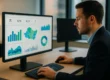 Professionele werker analyseert kleurrijke Power BI dashboards op monitor om zijn kansen op de ICT-arbeidsmarkt te vergroten
