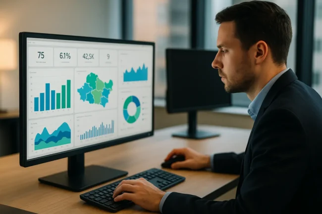 Een Power BI cursus volgen: zo vergroot je je kansen op de ICT-arbeidsmarkt Professionele werker analyseert kleurrijke Power BI dashboards op monitor om zijn kansen op de ICT-arbeidsmarkt te vergroten