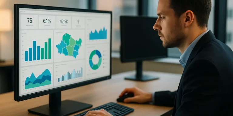 Professionele werker analyseert kleurrijke Power BI dashboards op monitor om zijn kansen op de ICT-arbeidsmarkt te vergroten