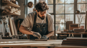 Jonge mannelijke ambachtslied met een schort en werkhandschoenen die nauwkeurig een stuk hout bewerkt in een werkplaats.