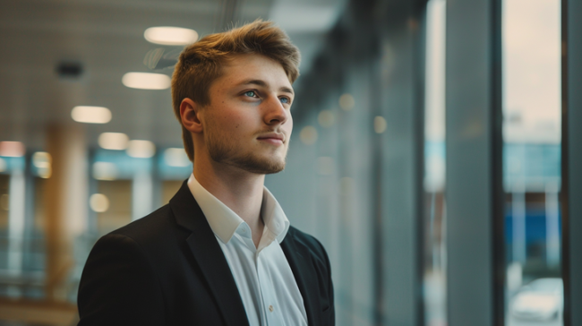 jonge-professional-pak-kantoorgebouw Jonge mannelijke professional in een pak kijkt bedachtzaam uit het raam van een modern kantoorgebouw.