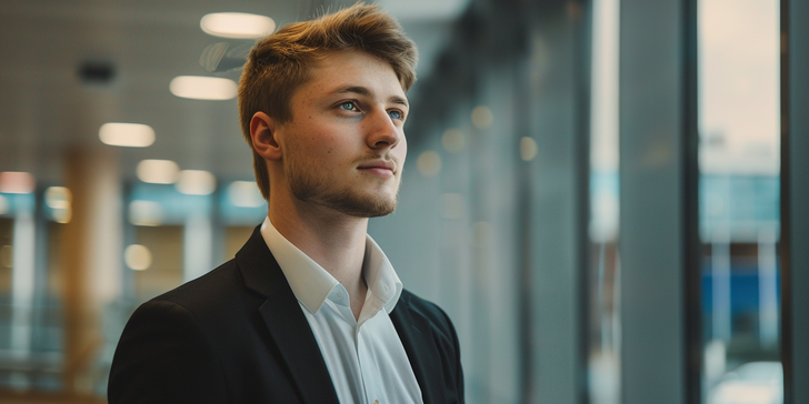 Jonge mannelijke professional in een pak kijkt bedachtzaam uit het raam van een modern kantoorgebouw.